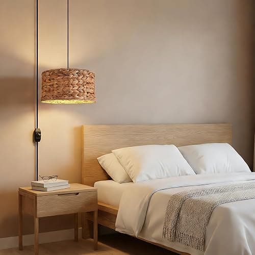 passong Boho Rattan Plug in Pendant Light, 11.8" Hand-Woven Natural Water Hyacinth Lampshade, Small Dimmable Hanging Lamp with 15ft Cord for Bedroom Corner, Reading Nook and Dorm - No Hardwiring thumbnail 2