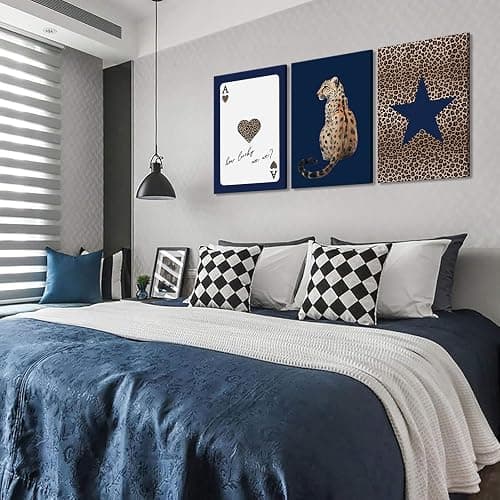 KLXCAJAM 3Pcs Navy Leopard Canvas Wall Art Cheetah Vintage Prints Wall Decor Navy Blue Star Painting Pictures Lucky Trendy Artwork for Gallery Preppy Luxury Home Decoration 12x16in thumbnail 4
