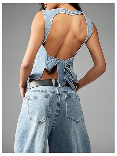 MakeMeChic Women's Denim Tank Top Crew Neck Tie Backless Asymmetrical Hem Y2k Crop Tops thumbnail 3