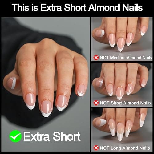 LY LANYOS 16 size white french tip almond press on nails for women,32 pcs super short petite oval nails with glue and stick ，nude french thumbnail 2