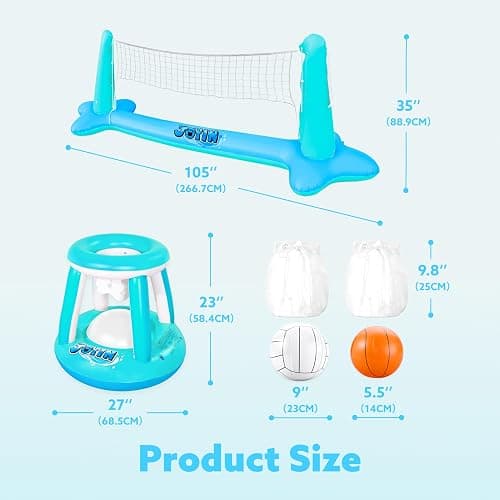 JOYIN Inflatable Pool Float Set Volleyball Net & Basketball Hoops, Floating Swimming Game Toy for Kids and Adults, Summer Floaties, Volleyball Court (105”x28”x35”)|Basketball (27”x23”x27”),L-Blue thumbnail 2
