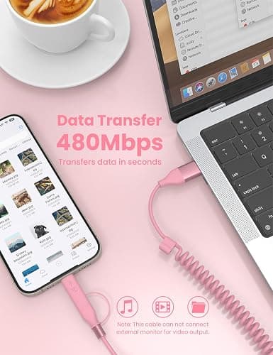 Pink Coiled Car Charging Cable 2-in-1 (USB-C & Lightning), 3FT Cute Car Accessories for iPhone 17/16/15, Samsung Galaxy — Supports Apple CarPlay & Android Auto thumbnail 7