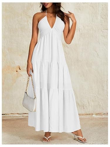 OYOANGLE Women's Summer Beach Halter Sundress Formal Wedding Guest Dress | Backless Flowy Dress, Vacation, Summer, Boho Maxi Dresses thumbnail 5