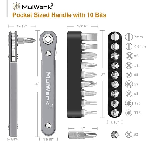 MULWARK 11pc Right Angle Screwdriver 1/4 Mini Ratchet Wrench Close Quarters Pocket Screwdriver Set with High Torque & Low Profile- EDC Tool with 90 Degree Mini Offset Reversible Drive Handle thumbnail 2