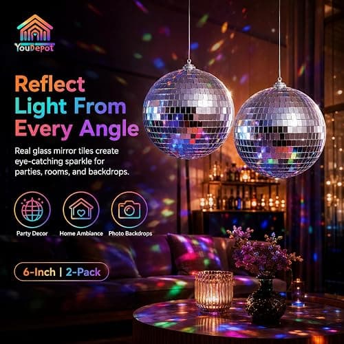 Youdepot 6-Inch Disco Ball 2-Pack, Silver Hanging Mirror Balls | with String, Reflective Disco Ball Decor, for Disco Party Decorations, Disco Christmas Decor, Home DIY, Weddings thumbnail 5