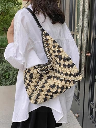Straw Hobo Bag for Women 2026 Boho Woven Beach Purse Large Summer Straw Tote with Lining Black Raffia Shoulder Bag | straw material thumbnail 2