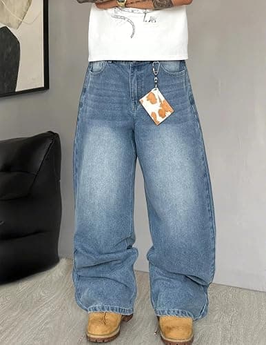 QGRSWBC Mens Wide Leg Jeans Super Baggy Pants Y2k Loose Fit Denim Jeans Skater Trousers Streetwear thumbnail 3