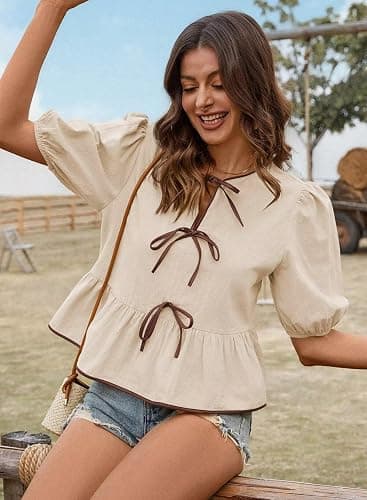 Falechay Womens Summer Tops Bowknot Puff Short Sleeve Blouses Dressy Casual Cute Babydoll Flowy Peplum Shirt for Women thumbnail 2