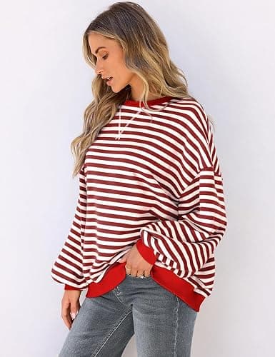 UEU Women Oversized Striped Crewneck Sweatshirt Long Sleeve Color Block Pullover Tops Casual Loose Workout Shirt thumbnail 3