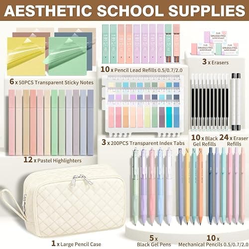 62PCS Aesthetic School Supplies with Cute Pencil Case, Pastel Highlighters Black Ink Gel Pens Mechanical Pencils Kit, Back to School Supplies College Essentials Preppy Stationary Set for Student Girls thumbnail 3