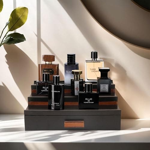 Fengligoo Cologne Organizer for Men - 3 Tier Wooden Cologne Perfume Display Stand with Drawer and Compartment, Mens Cologne Holder Shelf for Organization and Storage,Black Brown thumbnail 2
