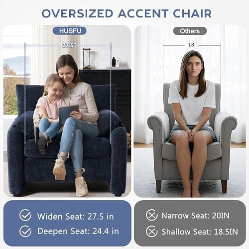 HUSFU Chenille Oversized Armchair, 38.4" Wide Accent Chairs for Living Room & Bedroom, Upholstered Mid-Century Reading Chair, Comfy Living Room Chair, Single Sofa Chair Set of 2, Blue - 2 - Blue thumbnail 3