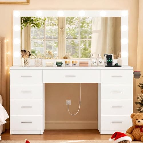 Quimoo Vanity Desk with Glass Top & Large Lights Mirror, 3 Adjustable Lighting Color, 46" Makeup Vanity with 9 Drawers and 12 LED Lights, Vanity Table, Dressing Table for Bedroom(White) thumbnail 3