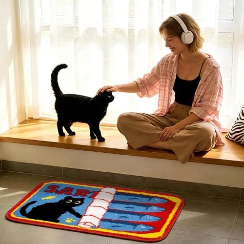 NIGOWAYS Black Cat Bath Rugs for Bathroom,Sardine Can Bath Rug | Funny Non-Slip Blue Mat with Quirky Design Rugs for Bathroom Shower Bedroom,30x18 Inch thumbnail 3