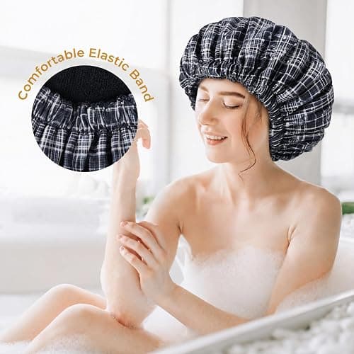 Shower Cap for Women Terry Lined Bath Cap Large Reusable Waterproof Elastic Black Plaid Shower Caps for Long Thick Hair Soft Bath Shower Hair Caps thumbnail 4