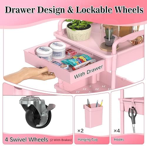SUNALLY 4 Tier Rolling Utility Cart with Drawer, Storage Organizer Cart with 2 Lockable Wheels, Multifunctional Rolling Storage Cart for Bathroom, Kitchen, Craft, Makeup, Baby Essentials, Pink thumbnail 4