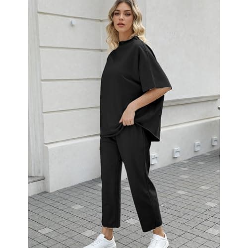 SeeLuNa Women's Two Piece Outfits 3/4 Batwing Sleeve Capelet Crew Neck Pullover Top Wide Leg Pants Lounge Set thumbnail 4