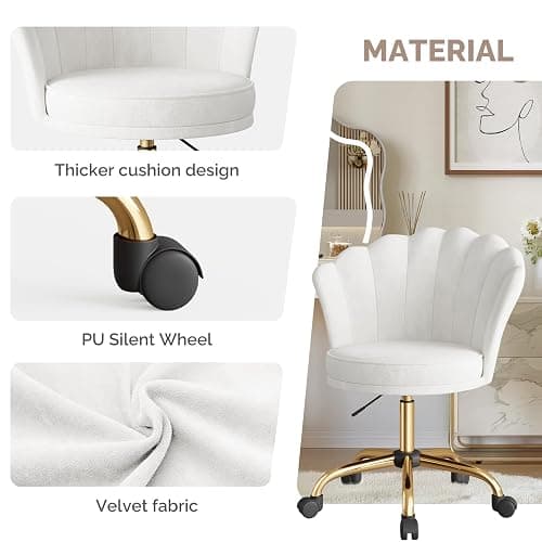 Aivermeil Comfy Home Office Desk Chair, Swivel Modern Velvet Vanity Chair with Gold Base, with Lumbar Pillow, Adjustable Rolling Task Chair for Condo, Bedroom & Vanity，White thumbnail 5