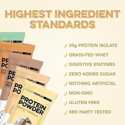 Clean Simple Eats Whey Protein Powder, Variety Pack, Naturally Sweetened Flavors, 100% Grass Fed Protein Powder with Digestive Enzymes & No Artificial Ingredients, Gluten Free, 10 Single Serve Packs thumbnail 4