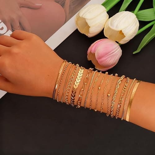 15PCS Gold Bracelets for Women Dainty Bracelets Stack Set Trendy Gold Stackable Cuban Link Paperclip Chain Bracelet Pack Adjustable Jewelry Set for Gifts thumbnail 4