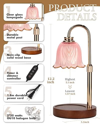 Funistree Candle Warmer Lamp, Gold Candle Lamp Warmer with Timer & Dimmer with 2 Bulbs, Birthday Gifts for Mom, Christmas Gifts for Women, New Home Bedroom Decor, Height Adjustable thumbnail 6