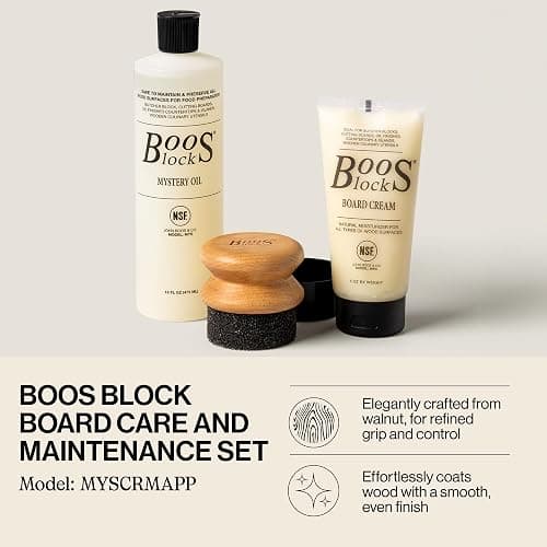 John Boos 3-Piece All-Natural Care & Maintenance Set - 16 oz Mystery Oil, 5 oz Board Cream & Round Applicator for Butcher Blocks, Cutting Boards, Wood Countertops, and Wooden Utensils thumbnail 2