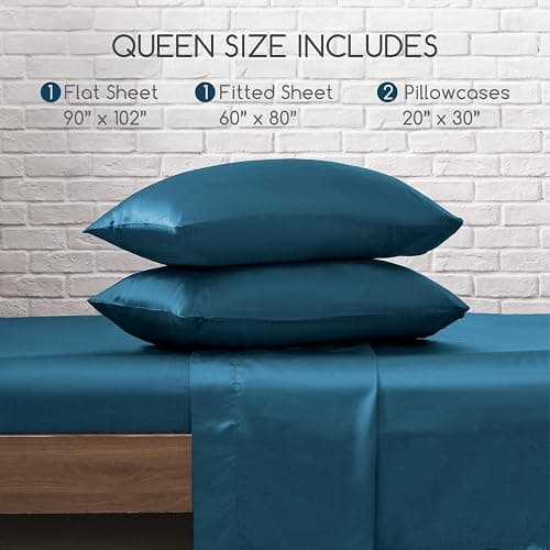 MR&HM Satin Bed Sheets, Queen Size Sheets Set, 4 Pcs Silky Bedding Set with 15 Inches Deep Pocket for Mattress (Queen, Teal) thumbnail 7
