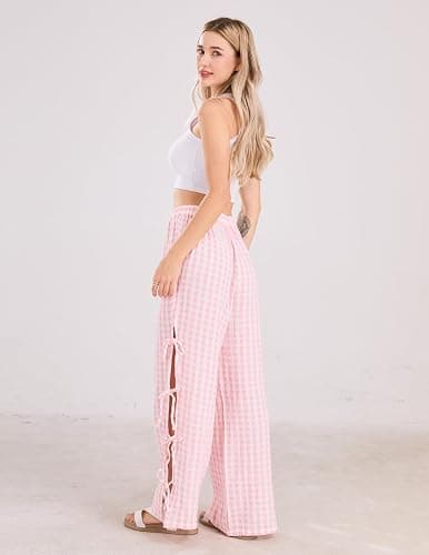 codcm Womens Gingham Striped Wide Leg Pants Y2k Lounge Pants Lace Up Loose Trousers thumbnail 5
