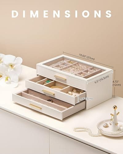Lolalet Jewelry Box Organizer, 3-Layer Jewelry Organizers and Storage Case with Glass Lid, Ring Earring Bracelet Necklace Holder Organizer, Birthday Christmas Gifts for Women Girls -3Layer, Beige thumbnail 3
