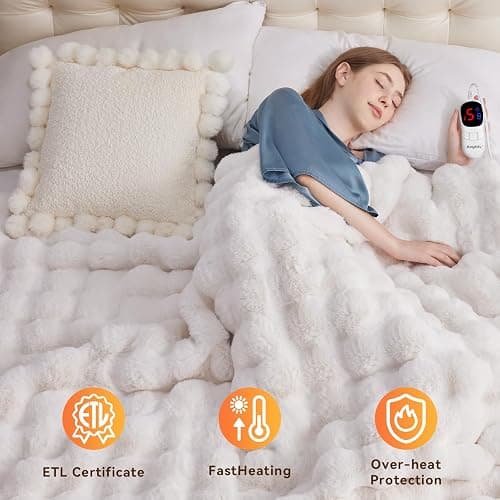 Anysay Heated Blanket Throw with 1/2/4/6/8 Hours Auto-Off 10 Heat Level, 50'' * 60'' Cozy Faux Rabbit Fur Bubble Electric Blanket with Overheat Protection(White) thumbnail 4