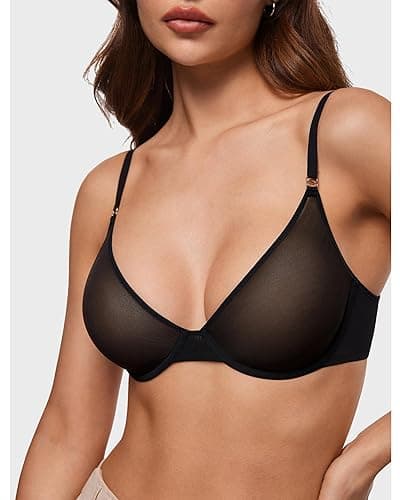 INLYRIC Women's Cosnufy Sheer Balconette Bra Demi Unlined Plunge Mesh See Through Sexy Bras Underwire - 36D - Black thumbnail 4