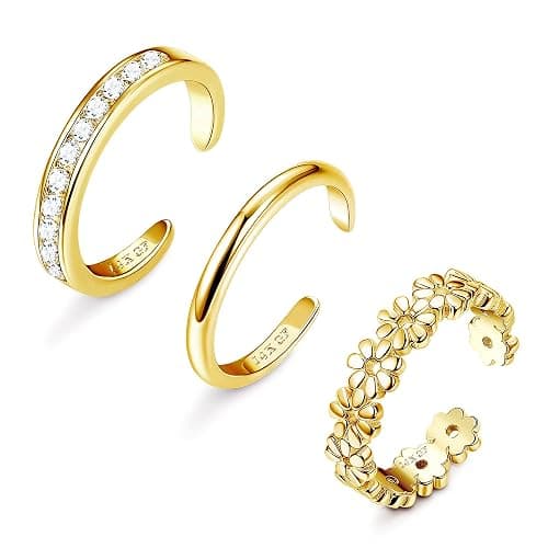FIASASO 3Pcs Gold Filled Toe Rings for Women Non Tarnish 14K Gold Filled Toe Ring Adjustable Flower Cz Dainty Toe Ring Summer Beach Open Toe Rings Set Toe Jewelry Foot Jewelry - Image 1