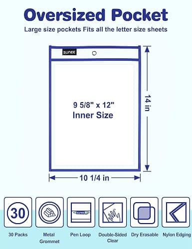 SUNEE 30 Packs Oversized Reusable Dry Erase Pocket Sleeves with 2 Rings, 10 Assorted Colors 10x14 Ticket Holders, Clear Plastic Sheet Protectors, Teacher School Classroom Supplies thumbnail 2