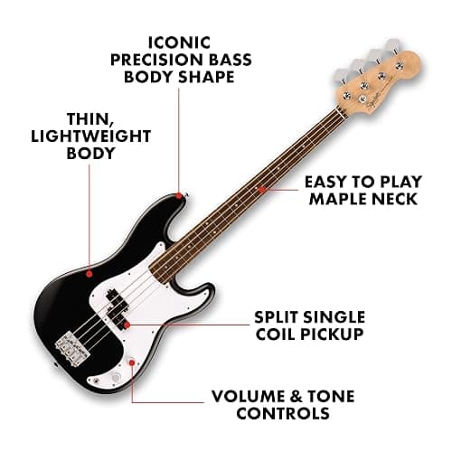 Fender Squier Debut Series Precision Bass Guitar Pack, Beginner Guitar Pack, 2-Year Warranty, Includes Rumble 15 Amplifier, Padded Gig Bag, Instrument Cable, and More, Black with Satin Urethane Finish thumbnail 2