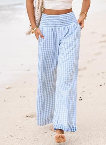 Dokotoo Women's Fall Gingham Wide Leg Casual Pants 2026 | High Waisted,Maternity Trousers,Lounge Palazzo Pants,Elastic Wasited,Boho Beach Clothes with Pockets,Home,Office with Pockets thumbnail 5