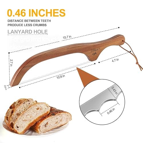 Uibkor Wooden Bread Bow Knife, 16" Serrated Sourdough Cutter, Premium Stainless Steel Serrated Saw Bread Cutter, Bagel Slicer Knife for Homemade Bread, Bagels, Baguettes and More, Sourdough knife thumbnail 3