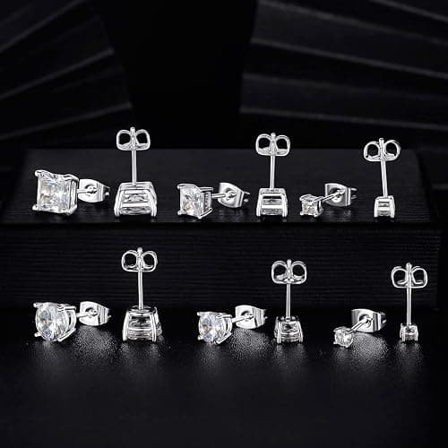MDFUN 6 Pairs Stud Earrings Set 3mm/5mm/7mm Princess & Round Cubic Zirconia Earrings Hypoallergenic 316L Surgical Stainless Steel CZ Earrings for Women Men thumbnail 9