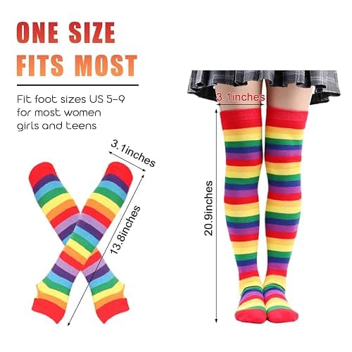 Barrlves 2/4 Sets Womens Striped Knee High Socks Long Knitted Arm Warmers Fingerless Gloves for Halloween Costume thumbnail 2