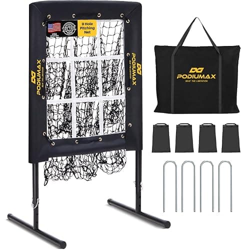 PodiuMax Baseball Pitching Net, 9 Hole Pitching Net with Strike Zone, 5 Adjustable Heights Baseball Throwing Net for All Ages, Heavey Duty Solo Trainer with Carry Bag for Backyard Practice - Image 1