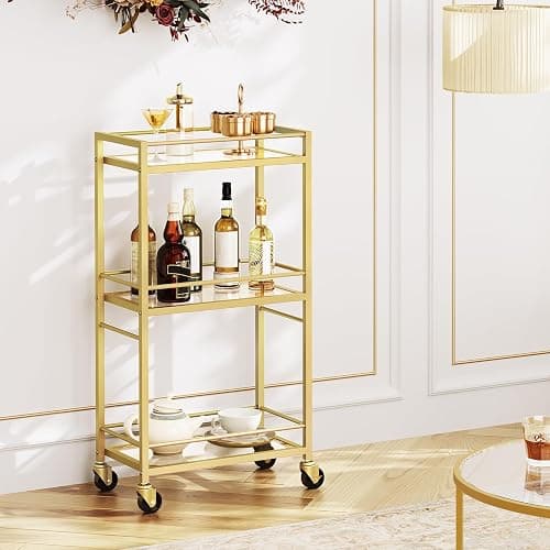 MAHANCRIS Bar Cart for The Home, 3-Tier Drink Cart on Wheels, Home Bar Serving Cart, Mini Bar Cart for Small Space, Kitchen, Dining Room, Gold RCJ40B01 thumbnail 3