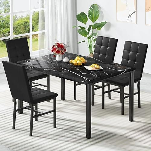 Hooseng Kitchen Table Set 5 Piece Dining Room Table Set Marble Dining Table 4 Chair Dining Table Set for Kitchen Living Room Breakfast Small Spaces (Black) thumbnail 4