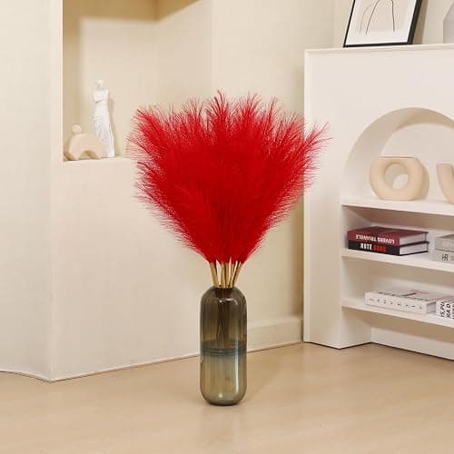 Wertuirk 9 Stems Red Pampas Grass - 38 Inch Tall Fluffy Faux Pampas Grass Decor, Long Artificial Pompas Floral for Living Room, Wedding Centerpieces and Home Decor (Red) - Red thumbnail 6