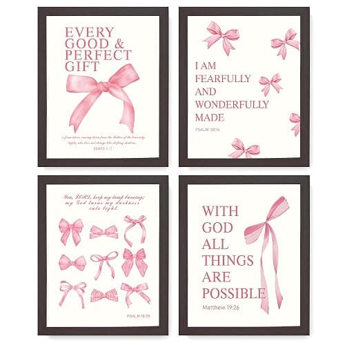 LARTSFRO Coquette Pink Bow Wall Art Decor Posters, Pink Bow Room Bedroom Bathroom Dorm Wall Art Decor Aesthetic for College Teen Girls Gifts, Inspirational Bible Verses Bow Wall Decor, 10x8 Inch Set of 4 Pcs Bow Pictures (DARK FRAMED) - Image 1