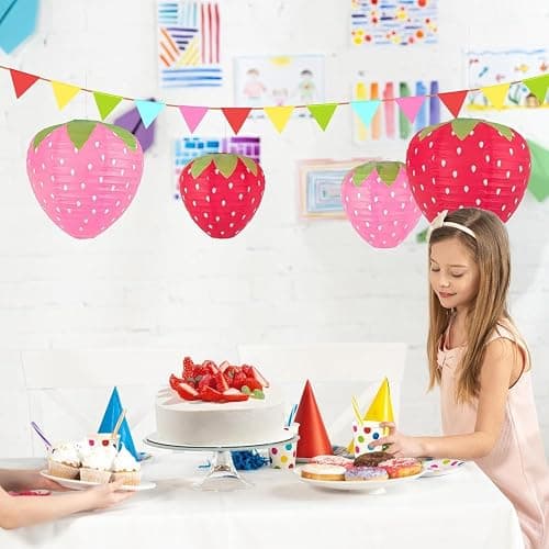 JIEFULL Strawberry Paper Lanterns, 8" & 12" Large Strawberry Hanging Lantern, Strawberry Hanging Decorations for Fruit Theme Birthday Party Decor(8 Pcs, Red & Pink) thumbnail 2