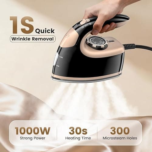 MIYOKO 2-in-1 Mini Steam Iron for Clothes, 1000W Portable Small Iron, with Non-Stick Soleplate, 25G/Min High Speed Steams, 90ML Water Tank, 110-120V for Home Travel Sewing and Quilting, Black & Gold thumbnail 2