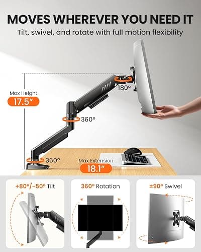 ErGear Single Monitor Arm, Fully Adjustable Monitor Mount for 13–34 Inch Screens, Fast Install Computer Monitor Stand with Tool-Free VESA Mount, Cable Management, Holds 19.8 lbs, Max VESA 100x100mm thumbnail 4