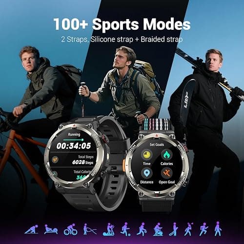 Military Smart Watch for Men(Answer/Make Calls),Outdoor Smartwatch with 100 Days Battery/Flashlight/Compass/Heart Rate/SpO2/Sleep Monitor/2 Straps, Rugged Fitness Watch for iPhone/Android Phones thumbnail 6