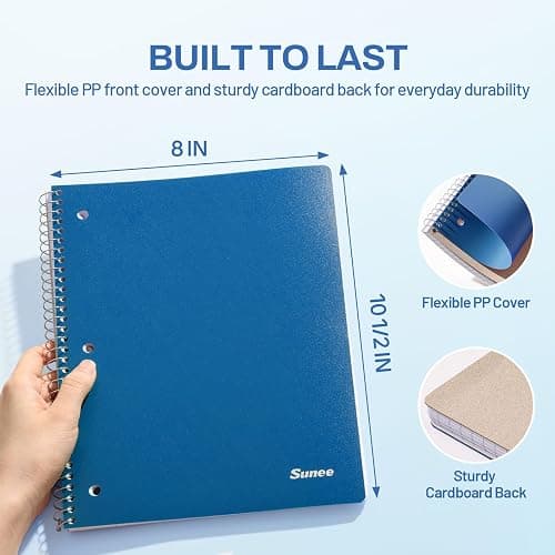 SUNEE Spiral Notebook, 1-Subject, Wide Ruled Paper, 8" x 10-1/2", 100 Sheets per Notebook, 3-Hole Punched Paper, Water Resistant Cover, Double-sided Pockets, Dark Blue thumbnail 3