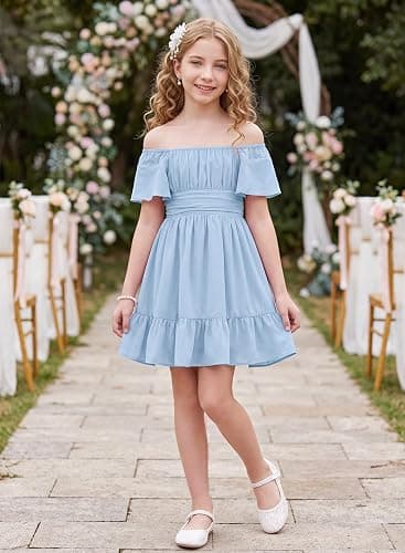 DOKOTOO KIDS Girls Summer Short Sleeve Tie Back Dress Size 4-15 Years Old | Low Elastic Fabric, Ruffles, One Shoulder, Off Shoulders, Hollow out, Smocked Waist, Lined, Wedding Party Dress thumbnail 3