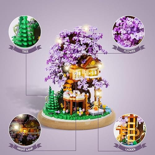 DIY Flower Building Toy Sets Miniature Cherry Blossom Tree House Building Kit, Purple & Yellow Sakura Flowers, Building Blocks Set for Adults & Girls - Bonsai Tree Model with Dust Cover thumbnail 4